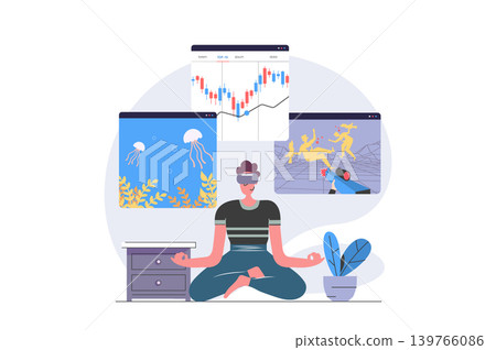 Virtual reality concept in modern flat design for web. Man in VR headset paying shooter game and online aquarium, working with data graph analysis on augmented screens simulation. Vector illustration. Virtual reality concept in modern flat design for web. Man in VR headset paying shooter game and online aquarium, working with data graph analysis on augmented screens simulation. Vector illustration. 139766086