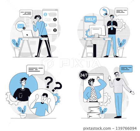 Customer service concept set in flat design for web. Collection with people answering clients calling, chatting online and helping, consulting online, solving technical problems. Vector illustrations. Customer service concept set in flat design for web. Collection with people answering clients calling, chatting online and helping, consulting online, solving technical problems. Vector illustrations. 139766094