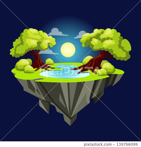 Gaming fantasy island in flat design. Platform with magic night forest with lake. Vector illustration isolated. Gaming fantasy island in flat design. Platform with magic night forest with lake. Vector illustration isolated. 139766099