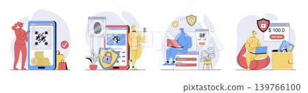 Secure payment concept set in flat design for web. Collection with people ordering with online pay and protection shield service, make safety money transfer in internet store. Vector illustrations. Secure payment concept set in flat design for web. Collection with people ordering with online pay and protection shield service, make safety money transfer in internet store. Vector illustrations. 139766100
