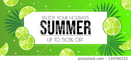 Summer horizontal sale banner. Shopping promotion poster template with green lush silhouettes of tropical palms leaves, fresh lime or lemon slices, seasonal botanical invitation. Vector illustration. Summer horizontal sale banner. Shopping promotion poster template with green lush silhouettes of tropical palms leaves, fresh lime or lemon slices, seasonal botanical invitation. Vector illustration. 139766102