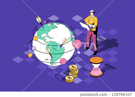 Global strategy web concept in 3d isometric graphic design. Isometry people scene with man developing worldwide business, planning company branches open and developing processes. Vector illustration. Global strategy web concept in 3d isometric graphic design. Isometry people scene with man developing worldwide business, planning company branches open and developing processes. Vector illustration. 139766107