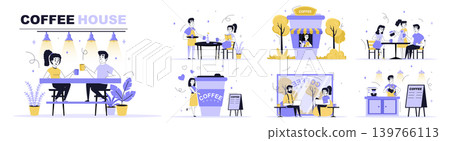 Coffee house concept set in flat web design. Collection with people drinking hot morning beverage at cafe or bistro, barista making espresso. Flat vector illustration isolated on white background. Coffee house concept set in flat web design. Collection with people drinking hot morning beverage at cafe or bistro, barista making espresso. Flat vector illustration isolated on white background. 139766113