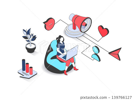 Social media marketing 3d isometric concept with isometry people design for web. Woman making online promotion, attracting new following audience, sending promo messages in chats. Vector illustration. Social media marketing 3d isometric concept with isometry people design for web. Woman making online promotion, attracting new following audience, sending promo messages in chats. Vector illustration. 139766127