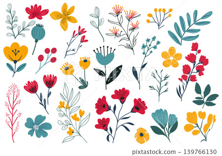 Summer flower set in flat graphic design. Collection isolated elements with colourful drawing poppy, daisy, rose, other meadow wildflowers, floral blooms, leaves, twigs and grass. Vector illustration. 139766130
