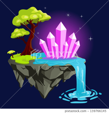 Gaming fantasy island in flat design. Platform with tree, crystals and waterfall. Vector illustration isolated. Gaming fantasy island in flat design. Platform with tree, crystals and waterfall. Vector illustration isolated. 139766145