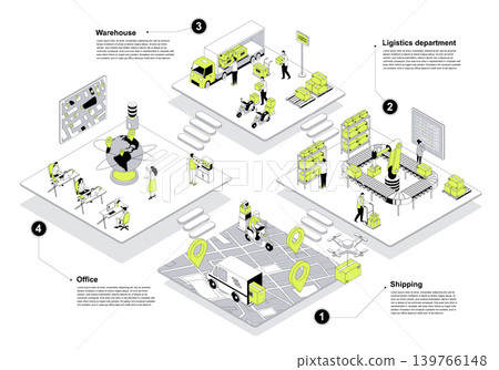 Delivery company 3d isometric concept in outline design for web. People working in isometry rooms in office, shipping and logistics departments, loading parcels in warehouse. Vector illustration. Delivery company 3d isometric concept in outline design for web. People working in isometry rooms in office, shipping and logistics departments, loading parcels in warehouse. Vector illustration. 139766148