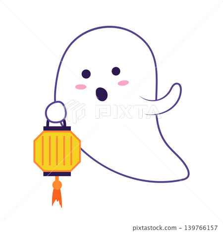 Halloween cute ghost in flat design. Spooky spirit holding lantern. Vector illustration isolated. Halloween cute ghost in flat design. Spooky spirit holding lantern. Vector illustration isolated. 139766157