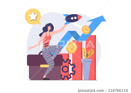 Business activities concept in modern flat design for web. Woman entrepreneur doing strategy analysis and developing startup company, planning challenges and investing finance. Vector illustration. 139766158