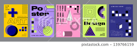 Abstract cover typography template. Posters layouts with vibrant geometric compositions of dynamic striped circle, pyramid, cylinder, triangle. Modern banners set in retro design. Vector illustration. Abstract cover typography template. Posters layouts with vibrant geometric compositions of dynamic striped circle, pyramid, cylinder, triangle. Modern banners set in retro design. Vector illustration. 139766159