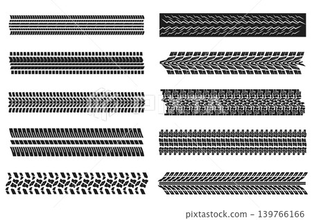 Tire tracks mega set elements in flat graphic design. Bundle objects of black machinery protectors prints with different patterns, automobile road trail texture, vehicle stamps. Vector illustration. Tire tracks mega set elements in flat graphic design. Bundle objects of black machinery protectors prints with different patterns, automobile road trail texture, vehicle stamps. Vector illustration. 139766166