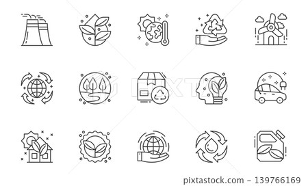 Renewable energy icons set in outline stroke design for web. Pack line pictograms with industry, green plant, global warm, recycling, wind turbine, forest,cardboard reuse, other. Vector illustration. Renewable energy icons set in outline stroke design for web. Pack line pictograms with industry, green plant, global warm, recycling, wind turbine, forest,cardboard reuse, other. Vector illustration. 139766169