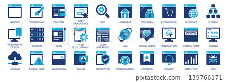 Website icon set in flat duotone solid icons web design. Pack pictograms with content, user experience, seo, homepage, security, ecommerce, internet, server, blog, link, other. Vector illustration. Website icon set in flat duotone solid icons web design. Pack pictograms with content, user experience, seo, homepage, security, ecommerce, internet, server, blog, link, other. Vector illustration. 139766171