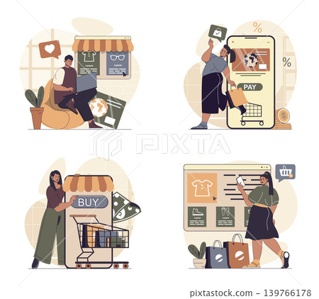 Mobile commerce concept scenes set in flat web design. People in situations of making online shopping and purchases at sales, ordering new products, secure paying online in apps. Vector illustrations. Mobile commerce concept scenes set in flat web design. People in situations of making online shopping and purchases at sales, ordering new products, secure paying online in apps. Vector illustrations. 139766178
