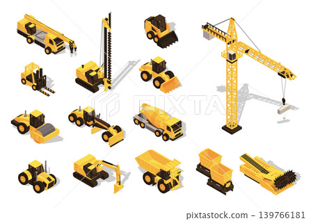 Construction equipment 3d isometric mega set in flat design. Collection isometry elements of trucks, bulldozers, concrete mixer, tractors, backhoes, forklifts, other machinery. Vector illustration. Construction equipment 3d isometric mega set in flat design. Collection isometry elements of trucks, bulldozers, concrete mixer, tractors, backhoes, forklifts, other machinery. Vector illustration. 139766181