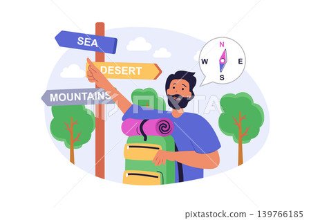 Travel concept in modern flat design for web. Man with backpack hiking and trekking, choosing his camping destination by wood signboard with routes to mountains, desert or sea. Vector illustration. Travel concept in modern flat design for web. Man with backpack hiking and trekking, choosing his camping destination by wood signboard with routes to mountains, desert or sea. Vector illustration. 139766185