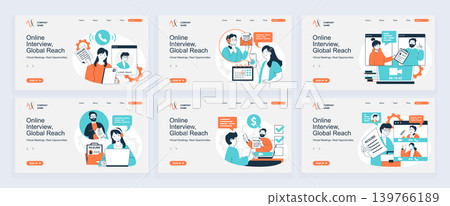 Online job interview concept of landing page with slide templates set in flat design. Website headers with people search new employee, interview candidates by video and hiring. Vector illustrations. Online job interview concept of landing page with slide templates set in flat design. Website headers with people search new employee, interview candidates by video and hiring. Vector illustrations. 139766189