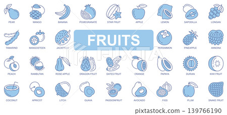 Fruits icons set in duotone outline stroke design for web. Pack pictograms of pear, mango, banana, pomegranate, apple, lemon, tamarind, mangosteen, jackfruit, persimmon, other. Vector illustration. Fruits icons set in duotone outline stroke design for web. Pack pictograms of pear, mango, banana, pomegranate, apple, lemon, tamarind, mangosteen, jackfruit, persimmon, other. Vector illustration. 139766190