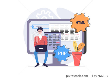 Programmers concept in modern flat design for web. Man developer working with code at laptop and computer screen, creating programs, engineering software and new products. Vector illustration. 139766197