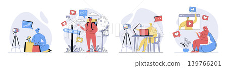 Video blogging concept set in flat design for web. Collection with people recording new videos in personal blog, making live translation from travel, followers watching content. Vector illustrations. Video blogging concept set in flat design for web. Collection with people recording new videos in personal blog, making live translation from travel, followers watching content. Vector illustrations. 139766201