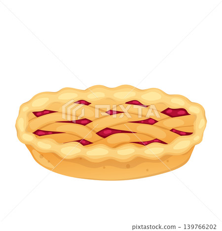 Cherry pie in flat design. Tasty homemade berry tart, sweet fruit cake. Vector illustration isolated. Cherry pie in flat design. Tasty homemade berry tart, sweet fruit cake. Vector illustration isolated. 139766202