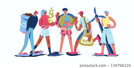 Eco friendly concept in cartoon web design. People recycling waste, planting trees, protecting Earth planet, using textile bags and wind energy. Flat vector illustration isolated on white background. Eco friendly concept in cartoon web design. People recycling waste, planting trees, protecting Earth planet, using textile bags and wind energy. Flat vector illustration isolated on white background. 139766226