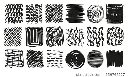 Scribble square and round shapes set of marker brush stroke texture. Doodle handwriting elements with black abstract striped, grated, curves and waves lines decorative frames. Vector illustration. Scribble square and round shapes set of marker brush stroke texture. Doodle handwriting elements with black abstract striped, grated, curves and waves lines decorative frames. Vector illustration. 139766227