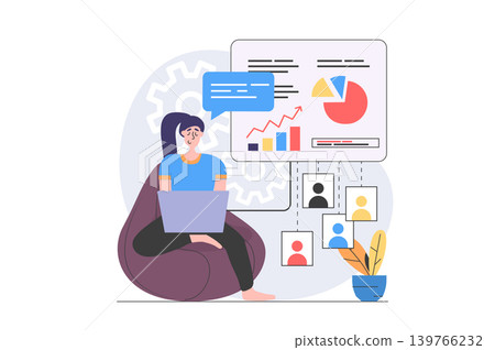 Video conference concept in modern flat design for web. Woman doing work task distantly and making data analysis, sharing link to report with colleagues online for teamwork. Vector illustration. Video conference concept in modern flat design for web. Woman doing work task distantly and making data analysis, sharing link to report with colleagues online for teamwork. Vector illustration. 139766232