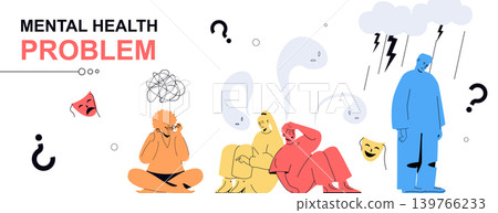 Mental health problem concept in flat cartoon design for web banner. People suffering fears and anxiety, feeling negative emotions, stress and nervous illness, need psychotherapy. Vector illustration. Mental health problem concept in flat cartoon design for web banner. People suffering fears and anxiety, feeling negative emotions, stress and nervous illness, need psychotherapy. Vector illustration. 139766233