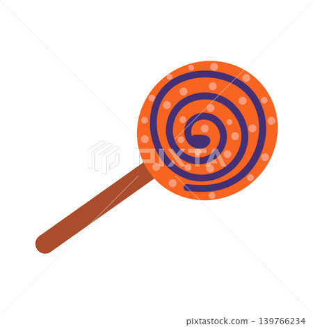 Halloween candy in flat design. Orange stripe swirl lollipop for holiday. Vector illustration isolated. Halloween candy in flat design. Orange stripe swirl lollipop for holiday. Vector illustration isolated. 139766234