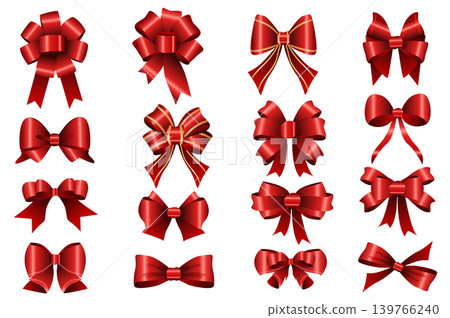Red bows mega set realistic elements in flat graphic design. Bundle objects of shiny satin and silk gift bows with different knot types, luxury ribbons for package present decor. Vector illustration. 139766240