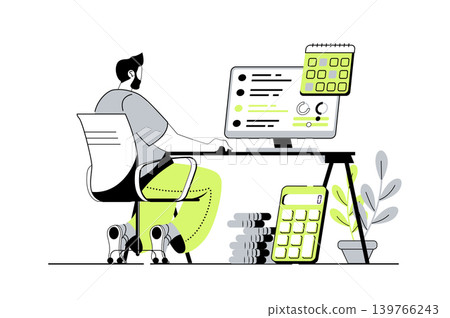 Planning financial budget web concept with flat cartoon people for website design. Man making financial statistics analysis and auditing personal finance with investment strategy. Vector illustration. 139766243