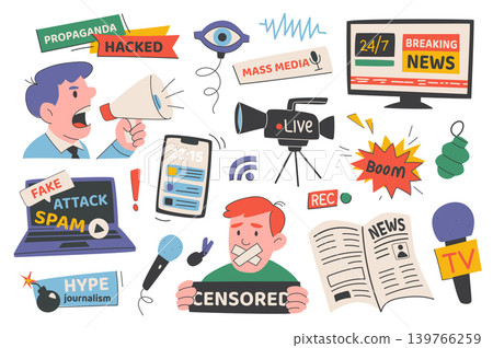 Breaking news set in flat graphic design. Collection isolated elements of message badges, propaganda, mass media, online website, fake news, spam attack, hype journalism, other. Vector illustration. Breaking news set in flat graphic design. Collection isolated elements of message badges, propaganda, mass media, online website, fake news, spam attack, hype journalism, other. Vector illustration. 139766259