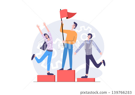 Leadership concept in modern flat design for web. Businesswoman and businessman getting win and flag top reward, celebrating competition victory with best places at pedestal. Vector illustration. Leadership concept in modern flat design for web. Businesswoman and businessman getting win and flag top reward, celebrating competition victory with best places at pedestal. Vector illustration. 139766283