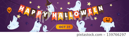 Happy Halloween banner design. Party invitation purple template with spiders, spooky ghosts in pumpkin or witch hat flying by garland, scaring and fearing, hold candy or balon. Vector illustration. 139766297