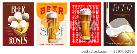 Beer cover typography template for advertising design. Food posters and greeting cards with brewery beverage in glass cups, pouring lager in mug, wheat alcohol drink with foam. Vector illustration. Beer cover typography template for advertising design. Food posters and greeting cards with brewery beverage in glass cups, pouring lager in mug, wheat alcohol drink with foam. Vector illustration. 139766299