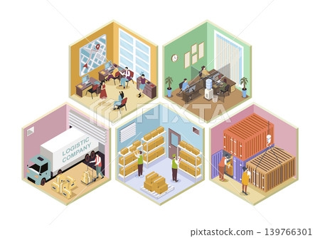 Logistic company 3d isometric rooms concept in isometry graphic design for web. People working in delivery office, managing shipping process, freight transportations and storage. Vector illustration. Logistic company 3d isometric rooms concept in isometry graphic design for web. People working in delivery office, managing shipping process, freight transportations and storage. Vector illustration. 139766301