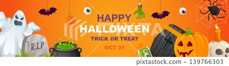 Happy Halloween banner design. Party invitation orange template with creepy pumpkin, candle skull, spooky ghost, tombstone, coffin, potion cauldron, bats, spiders, eyeballs. Vector illustration. Happy Halloween banner design. Party invitation orange template with creepy pumpkin, candle skull, spooky ghost, tombstone, coffin, potion cauldron, bats, spiders, eyeballs. Vector illustration. 139766303