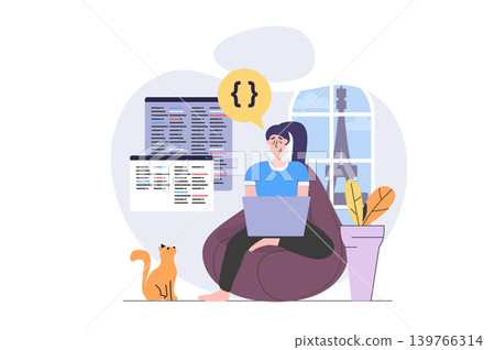 Freelance concept in modern flat design for web. Woman freelancer working online while travelling in new country, doing tasks distantly, engineering and programming in travel. Vector illustration. Freelance concept in modern flat design for web. Woman freelancer working online while travelling in new country, doing tasks distantly, engineering and programming in travel. Vector illustration. 139766314