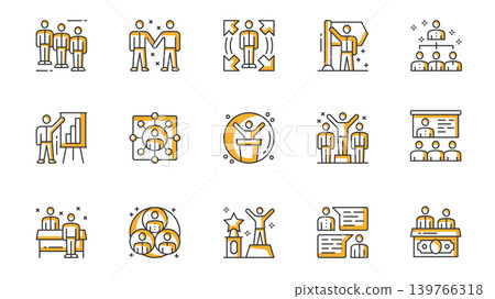 Business people icons set in outline stroke design for web. Pack line pictograms with team, colleagues, professional growth, success, coaching, presentation, meeting, other. Vector illustration. Business people icons set in outline stroke design for web. Pack line pictograms with team, colleagues, professional growth, success, coaching, presentation, meeting, other. Vector illustration. 139766318