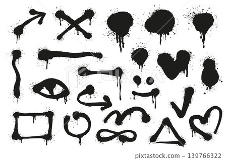 Graffiti spray lines set elements in flat graphic design. Bundle objects of grunge ink stain and drips in arrow, cross, heart, eye, square, triangle, circles and other symbols. Vector illustration. Graffiti spray lines set elements in flat graphic design. Bundle objects of grunge ink stain and drips in arrow, cross, heart, eye, square, triangle, circles and other symbols. Vector illustration. 139766322