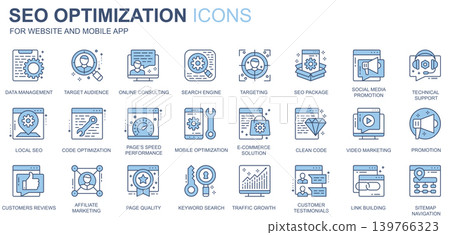 SEO optimization web icons set in duotone line design. Pack of data management, target audience, online consulting, search engine, social media, other outline stroke pictograms. Vector illustration SEO optimization web icons set in duotone line design. Pack of data management, target audience, online consulting, search engine, social media, other outline stroke pictograms. Vector illustration 139766323