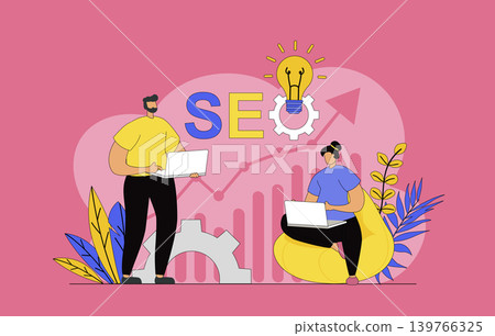 Seo optimization concept with modern flat design for web. Man and woman making search settings and analyzing site data, changes position of site in ranking, selecting keywords. Vector illustration. Seo optimization concept with modern flat design for web. Man and woman making search settings and analyzing site data, changes position of site in ranking, selecting keywords. Vector illustration. 139766325