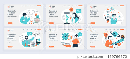 Science lab concept of landing page with slide templates set in flat design. Website headers with people make chemical research in flask, work at astronomy engineering programs. Vector illustrations. 139766370