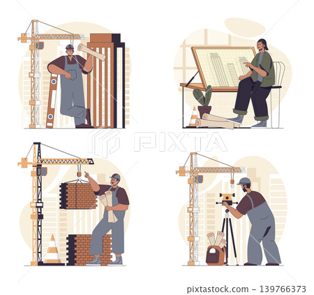 Construction engineer concept scenes set in flat web design. People in situations of making house construct and brickwork, creating architect blueprint, working at building site. Vector illustrations. 139766373