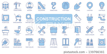 Construction icons set in duotone outline stroke design for web. Pack pictograms of house, tower crane, builder, brickwork, hook, trowel, location, plan, wheelbarrow, plug, other. Vector illustration. Construction icons set in duotone outline stroke design for web. Pack pictograms of house, tower crane, builder, brickwork, hook, trowel, location, plan, wheelbarrow, plug, other. Vector illustration. 139766381