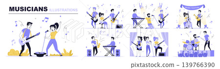 Musicians concept set in flat web design. Collection with people playing guitar, saxophone, piano, drum, violin, singing song at music festival. Flat vector illustration isolated on white background. Musicians concept set in flat web design. Collection with people playing guitar, saxophone, piano, drum, violin, singing song at music festival. Flat vector illustration isolated on white background. 139766390
