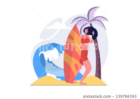 Hobby concept in modern flat design for web. Woman with surfboard doing extreme water sport at seaside resort, surfing and relaxing in favorite leisure and pastime activity. Vector illustration. 139766393