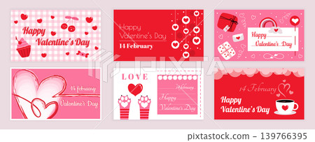 Valentines Day cover typography templates set for social media. Greeting cards design with cherry and cupcake, heart garlands, love letter, holiday gifts, cat paws, cup coffee. Vector illustration. Valentines Day cover typography templates set for social media. Greeting cards design with cherry and cupcake, heart garlands, love letter, holiday gifts, cat paws, cup coffee. Vector illustration. 139766395