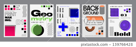 Abstract cover typography template. Posters layouts with bright geometric composition with dynamic striped and lines squares, circles, shapes. Modern banners set in retro design. Vector illustration. Abstract cover typography template. Posters layouts with bright geometric composition with dynamic striped and lines squares, circles, shapes. Modern banners set in retro design. Vector illustration. 139766428